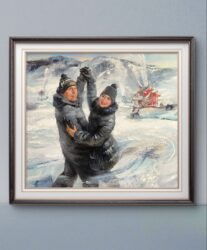 Pakkastanssi. Himoksen perustajayrittäjien Juhani Ojalan ja Päivi Kuokkasen yhteismuotokuva. Himos Break Sokos Hotel. 100 x110 cm. Öljy kankaalle, 2025