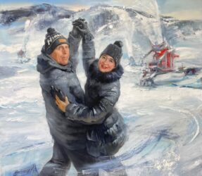 Himoksen perustajayrittäjien Päivi Kuokkasen ja Juhani Ojalan öljyvärimuotokuva. 100 x115 cm, 2025. Teos on esillä Himos Break Sokos Hotellissa.