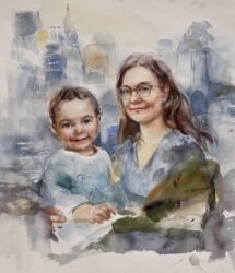 Tilausmuotokuva valokuvasta. Äidin kanssa, akvarelli taidepaperille, 60 x55 cm, 2023
